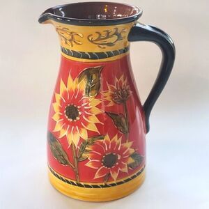 PIER 1 ONE SUNFLOWER PITCHER RED YELLOW BLACK FRENCH COUNTRY COTTAGE HOMEY